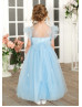 Sky Blue Tulle Puff Sleeves Flower Girl Dress